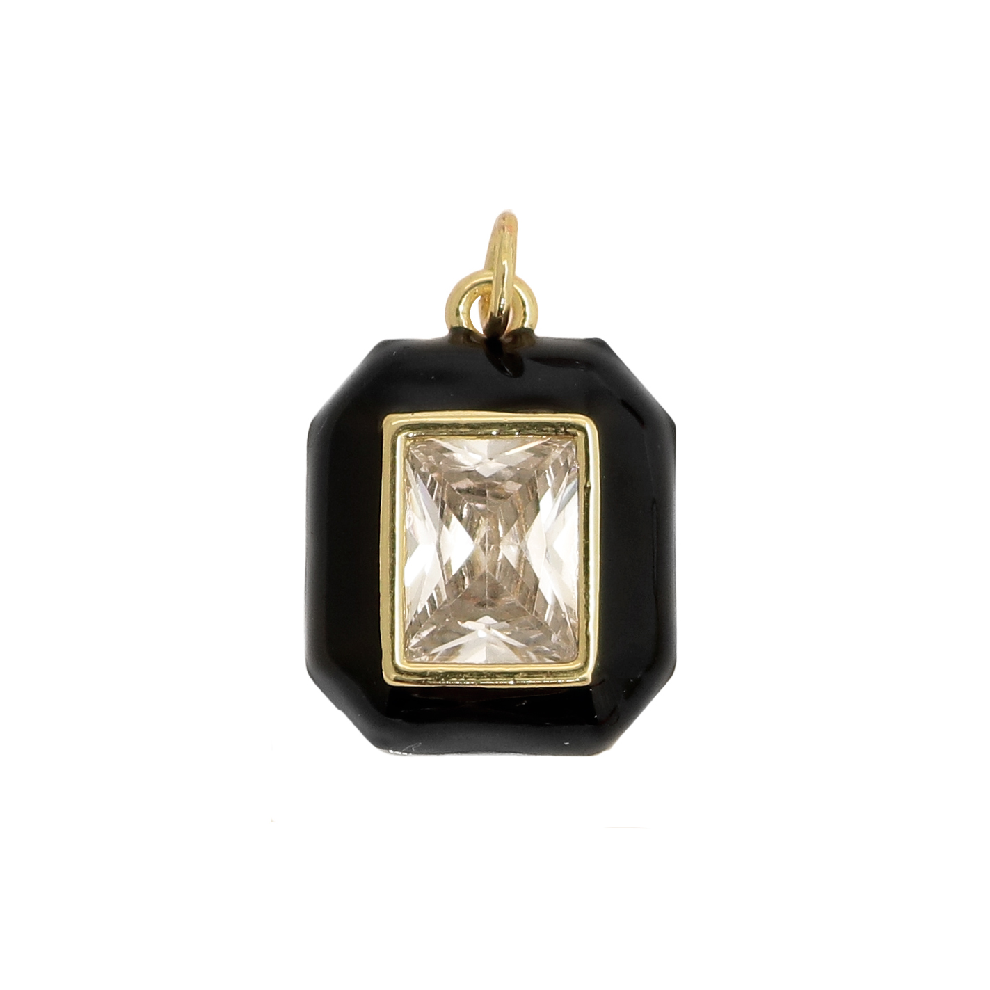 Ciondolo a forma Ottagonale, con bordo smaltato Nero e gemma Crystal, 20x15mm