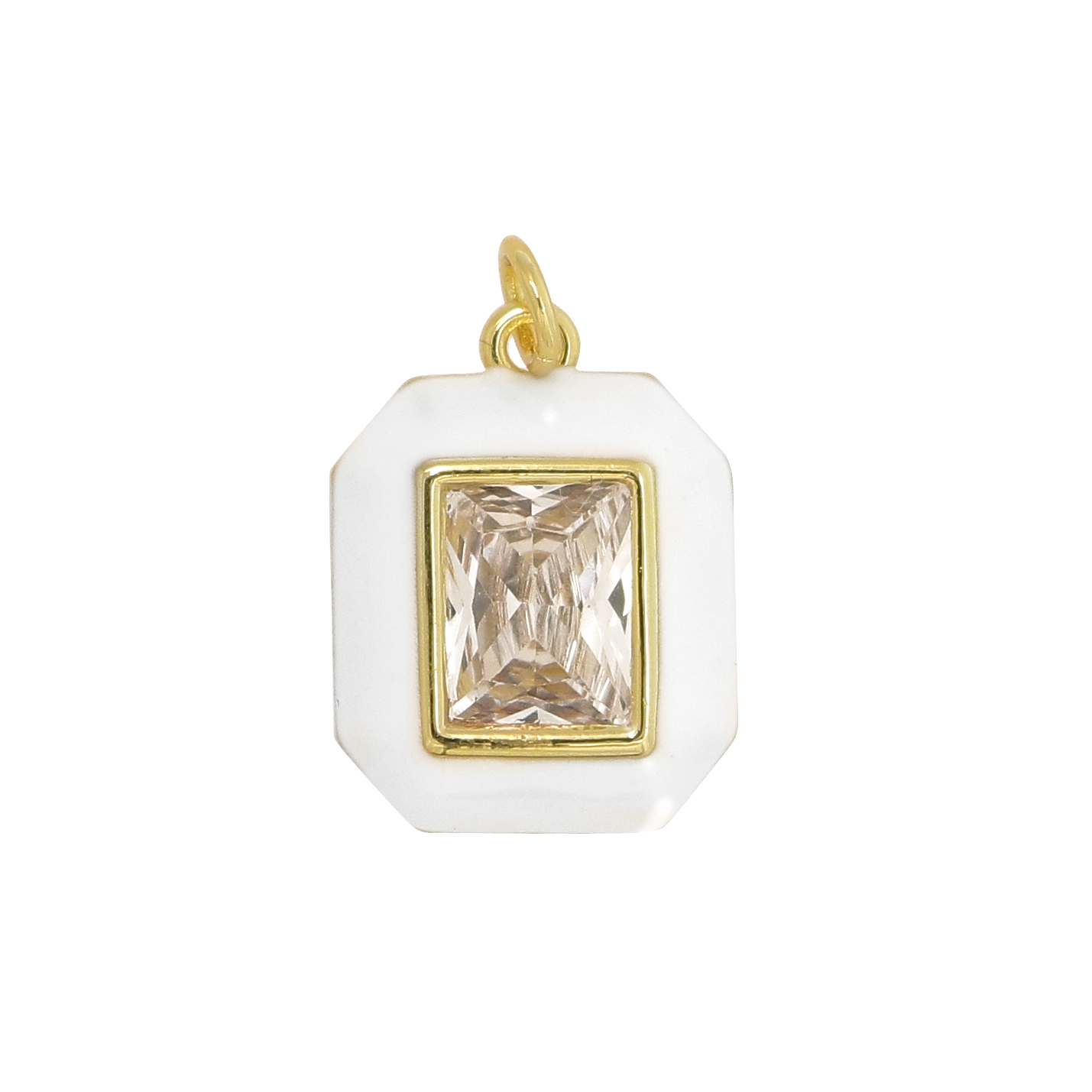 Ciondolo a forma Ottagonale, con bordo smaltato Bianco e gemma Crystal, 20x15mm