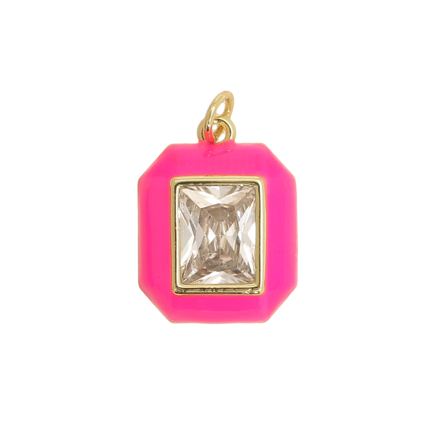 Ciondolo a forma Ottagonale, con bordo smaltato Fucsia Fluo e gemma Crystal, 20x15mm