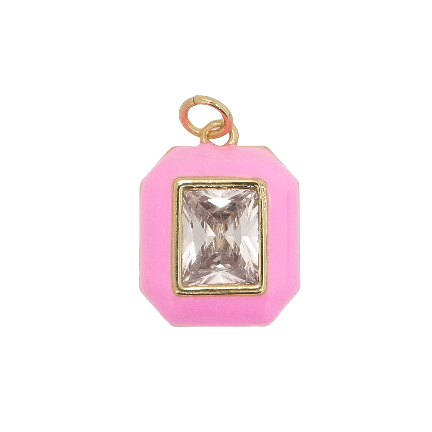 Ciondolo a forma Ottagonale, con bordo smaltato Rosa e gemma Crystal, 20x15mm