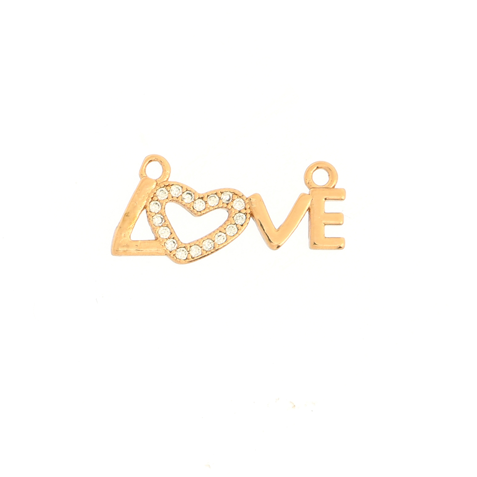 Ciondolo a forma di parola "LOVE", 9x21 mm., strass colore Crsytal, base colore Oro Rosato