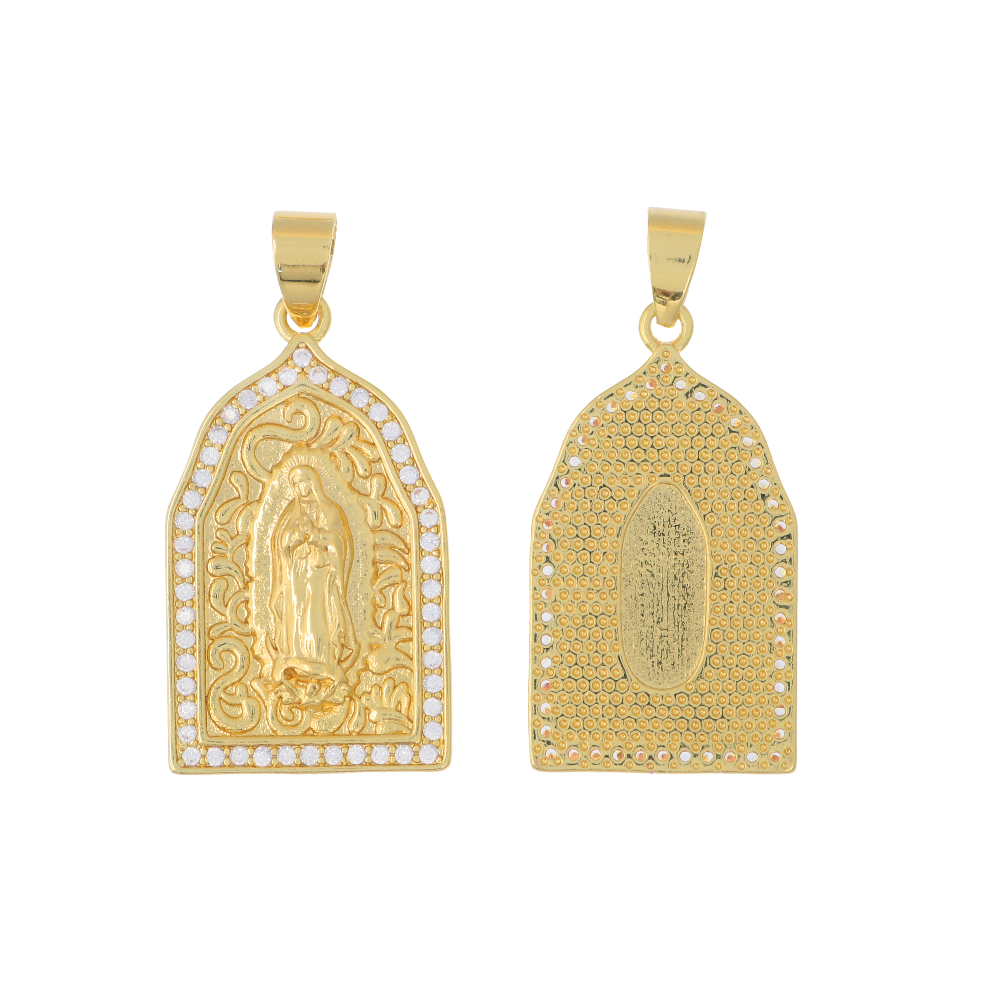Ciondolo a Medaglia con Madonna, 30x17 mm., base Oro Lucido, colore strass Crystal