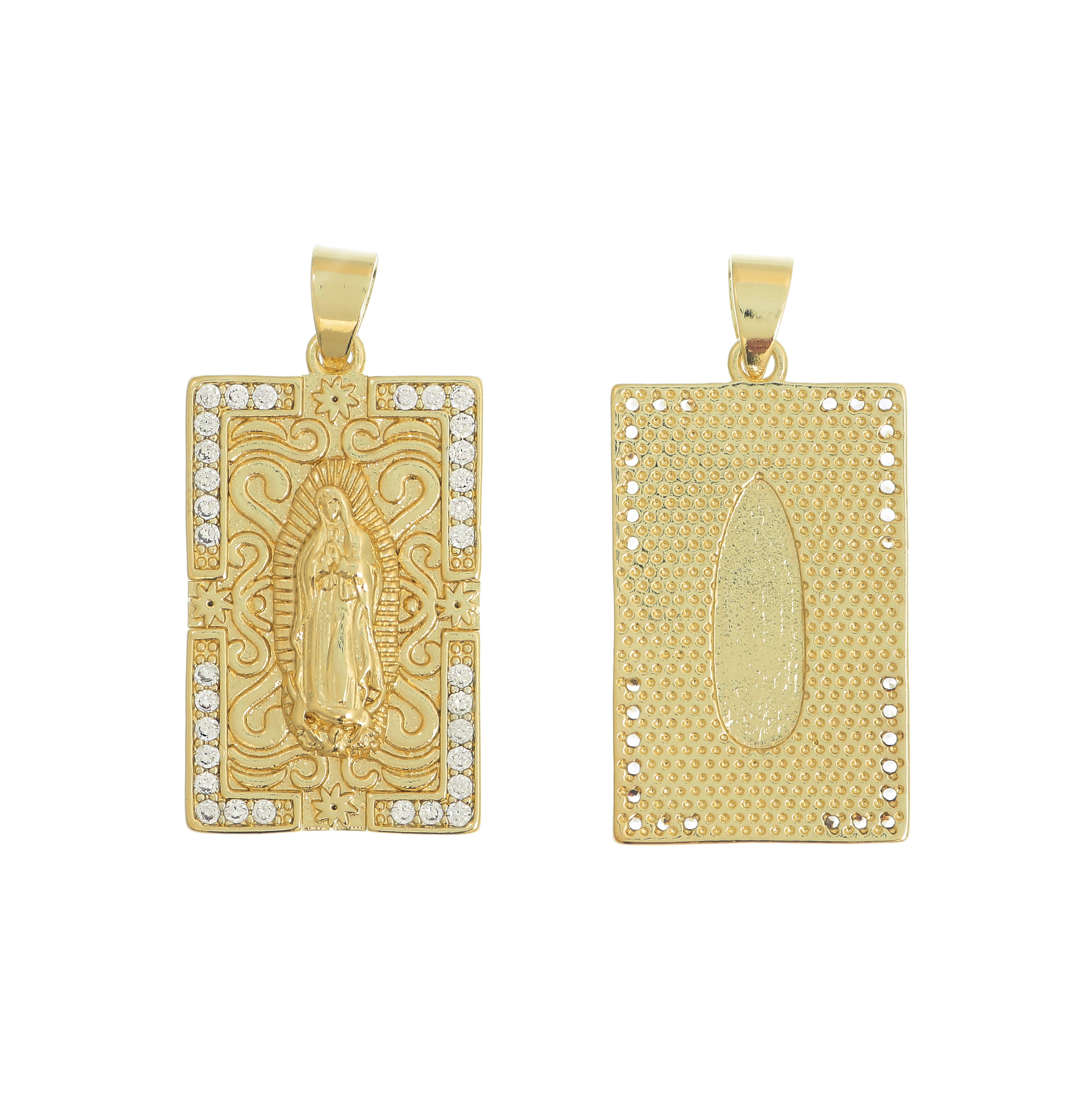 Ciondolo a Medaglia rettangolare con Madonna, 30x18 mm., base Oro Lucido, colore strass Crystal