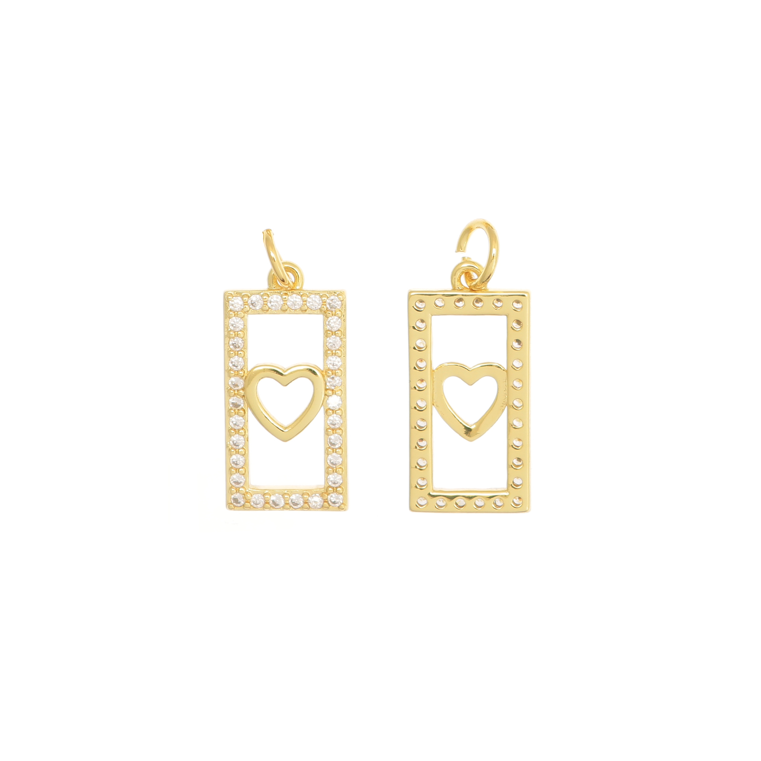 Ciondolo a forma di rettangolo forato con cuore centrale, 22x11 mm., base Oro Lucido, strass Crystal