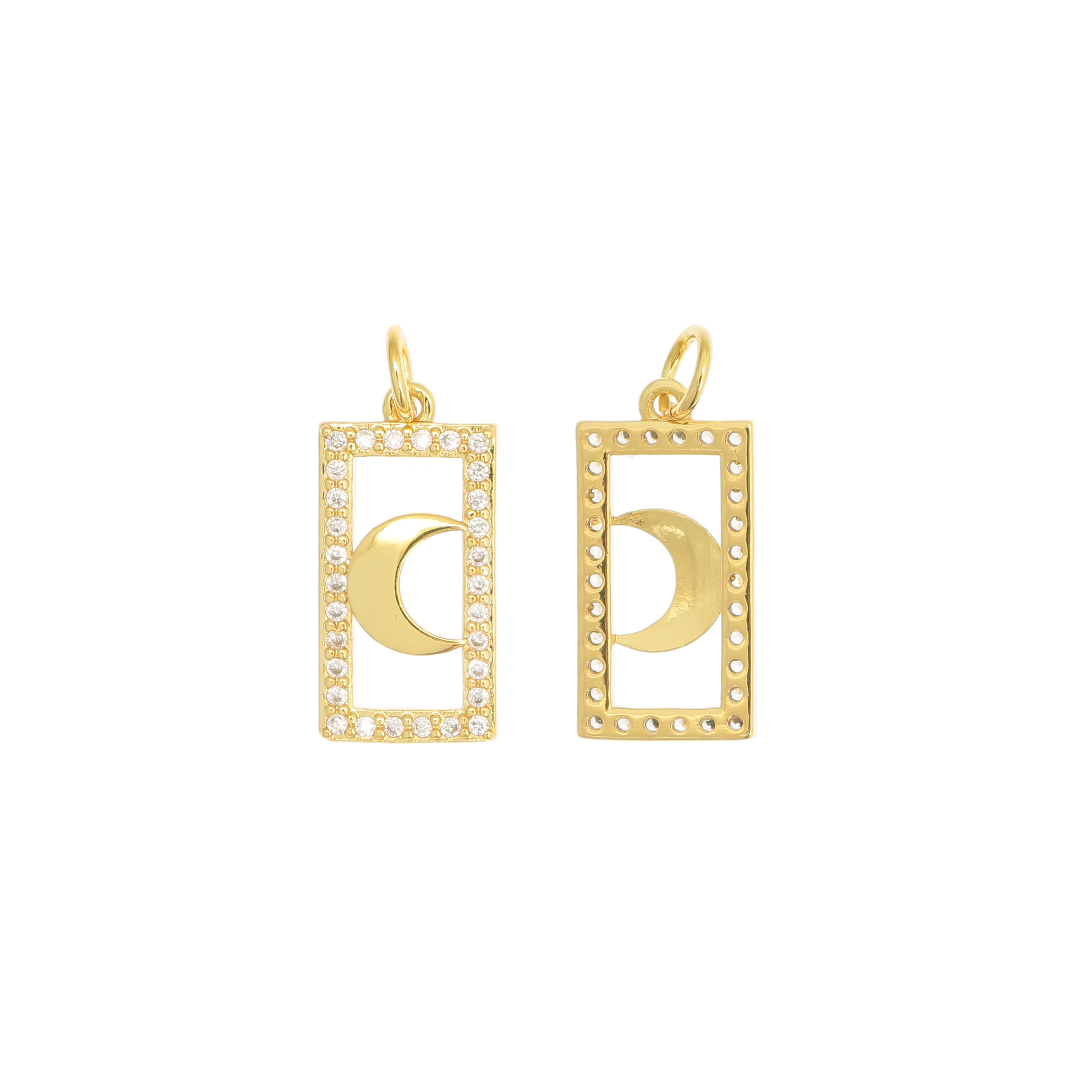 Ciondolo a forma di rettangolo forato con Luna centrale, 22x11 mm., base Oro Lucido, strass Crystal