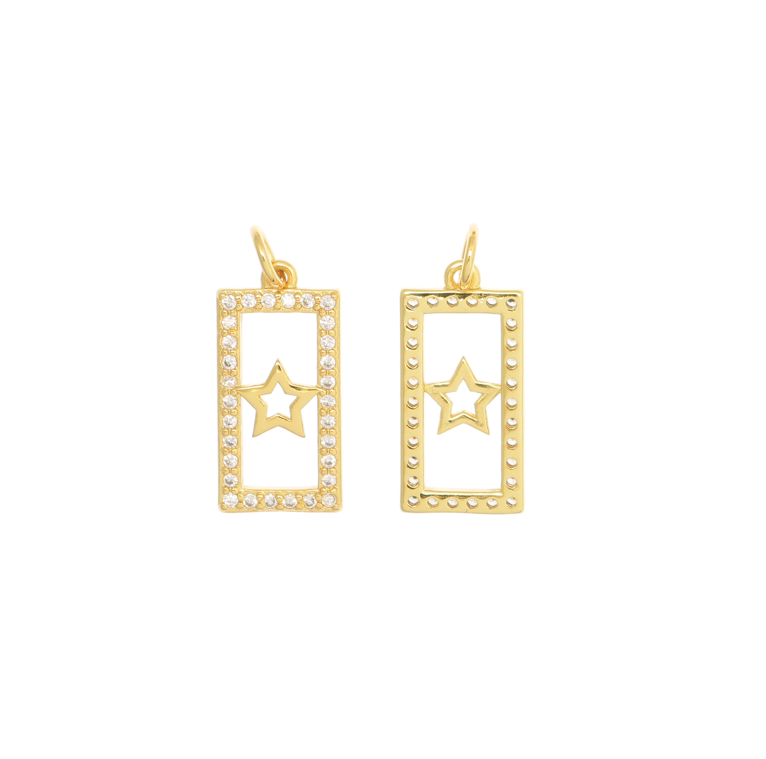Ciondolo a forma di rettangolo forato con stella centrale, 22x11 mm., base Oro Lucido, strass Crystal