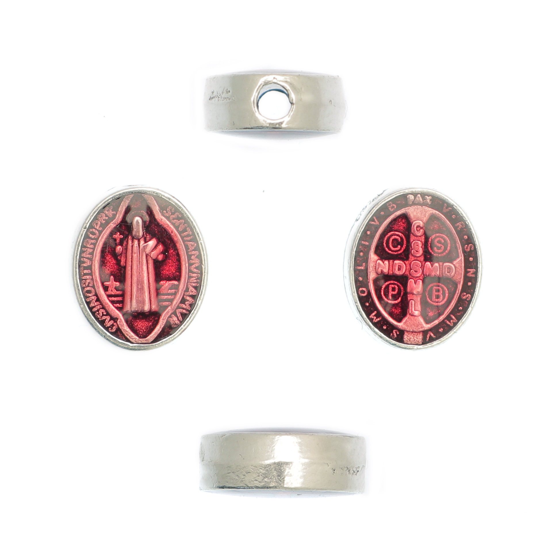Distanziatore ovale con Santo, 8x10 mm., base Argento Anticato, colore smalto Rosso Amaranto