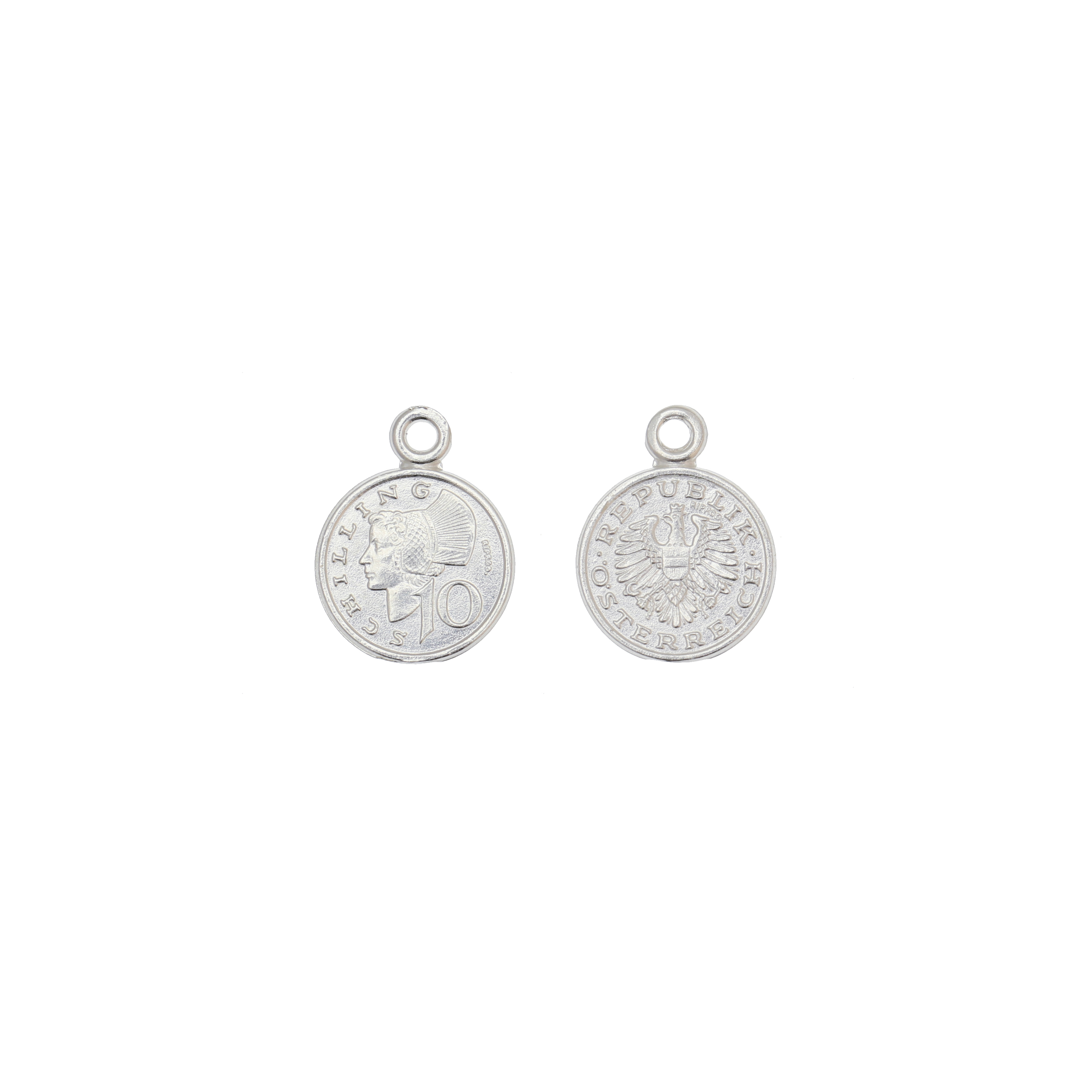 Ciondolo tondo a moneta austriaca, 10x8 mm., in Argento 925