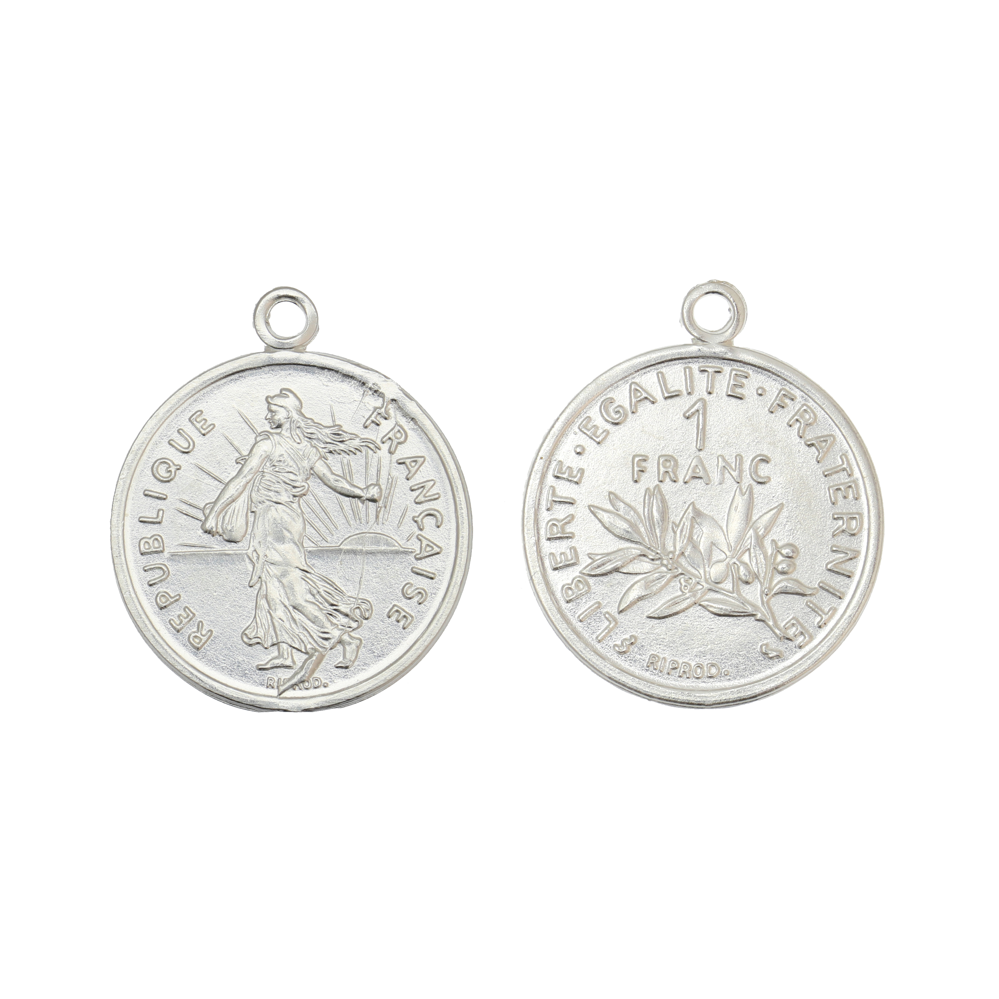 Ciondolo tondo a moneta francese, 19x16 mm., in Argento 925