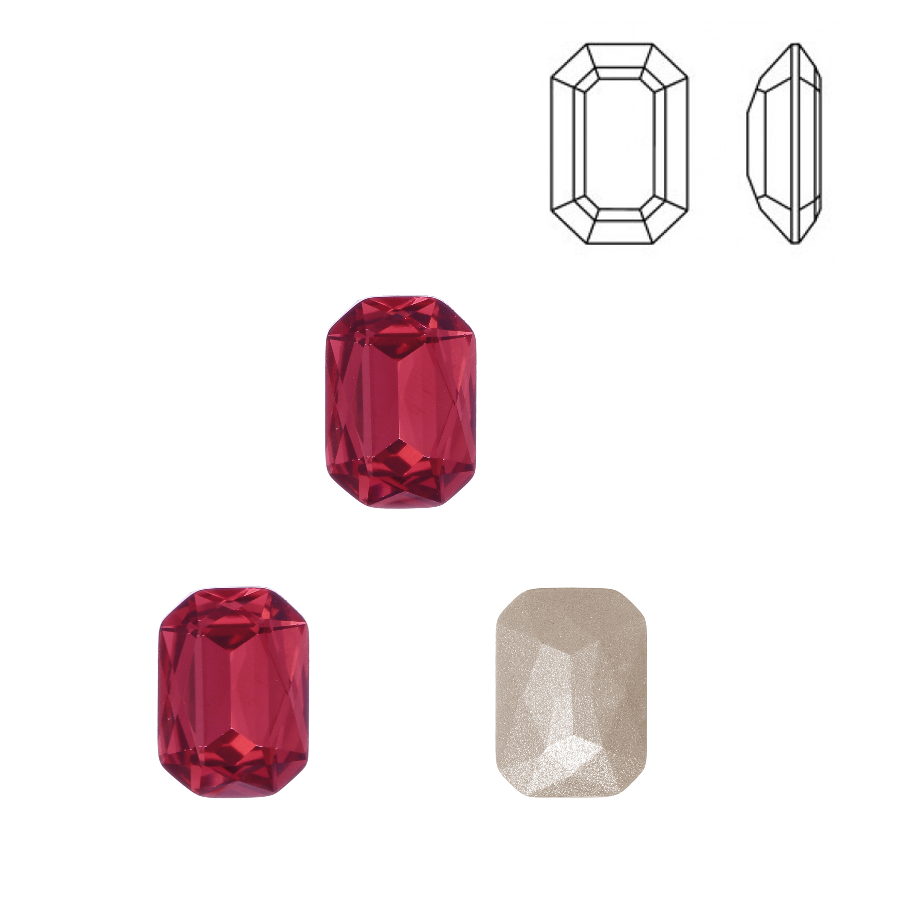 Gemma rettangolare sfaccettata (con gli angoli smussati), in cristallo, colore RUBY