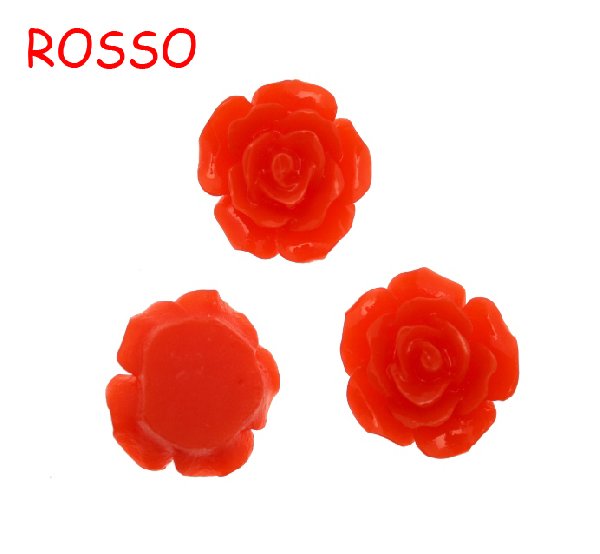 Rosa in resina colorata, piatta sotto, da incollo con foro passante, larga 18 mm., colore Rosso
