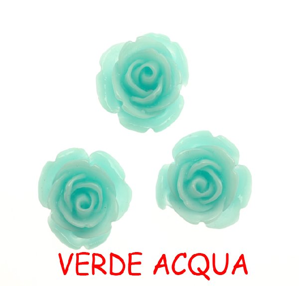 Rosa in resina colorata, piatta sotto, da incollo con foro passante, larga 18 mm., colore Verde acqua