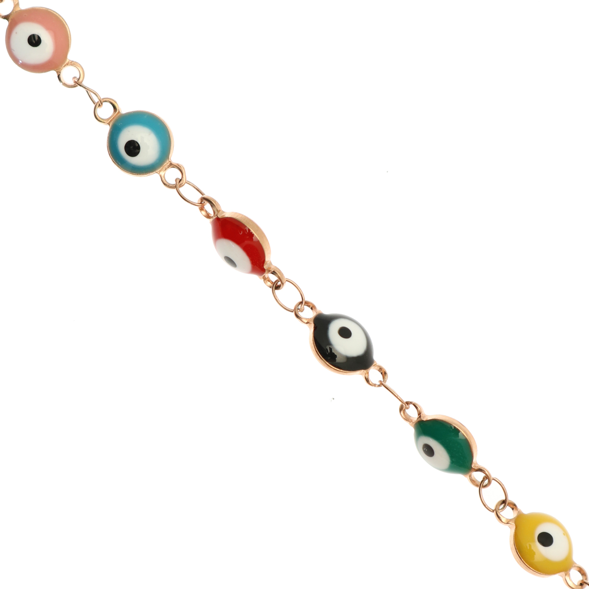 Catena alternata, in acciaio, con elementi tondi smaltati (multicolor) a forma di occhio 6 mm. base Oro Rosa
