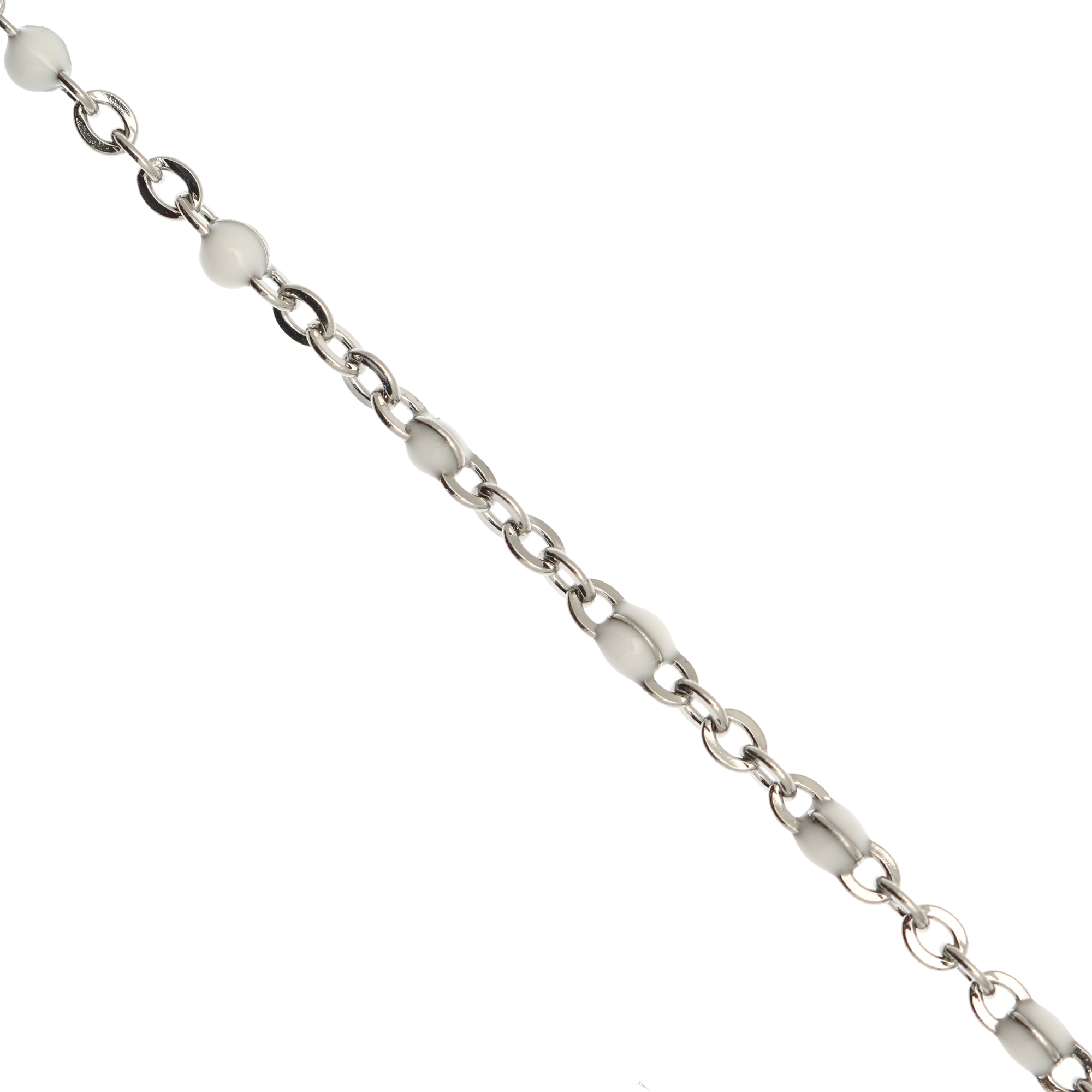 Catena ovalina, in Acciaio, con palline smaltate, base in metallo colore Argentato Rodio, colore smalto Bianco