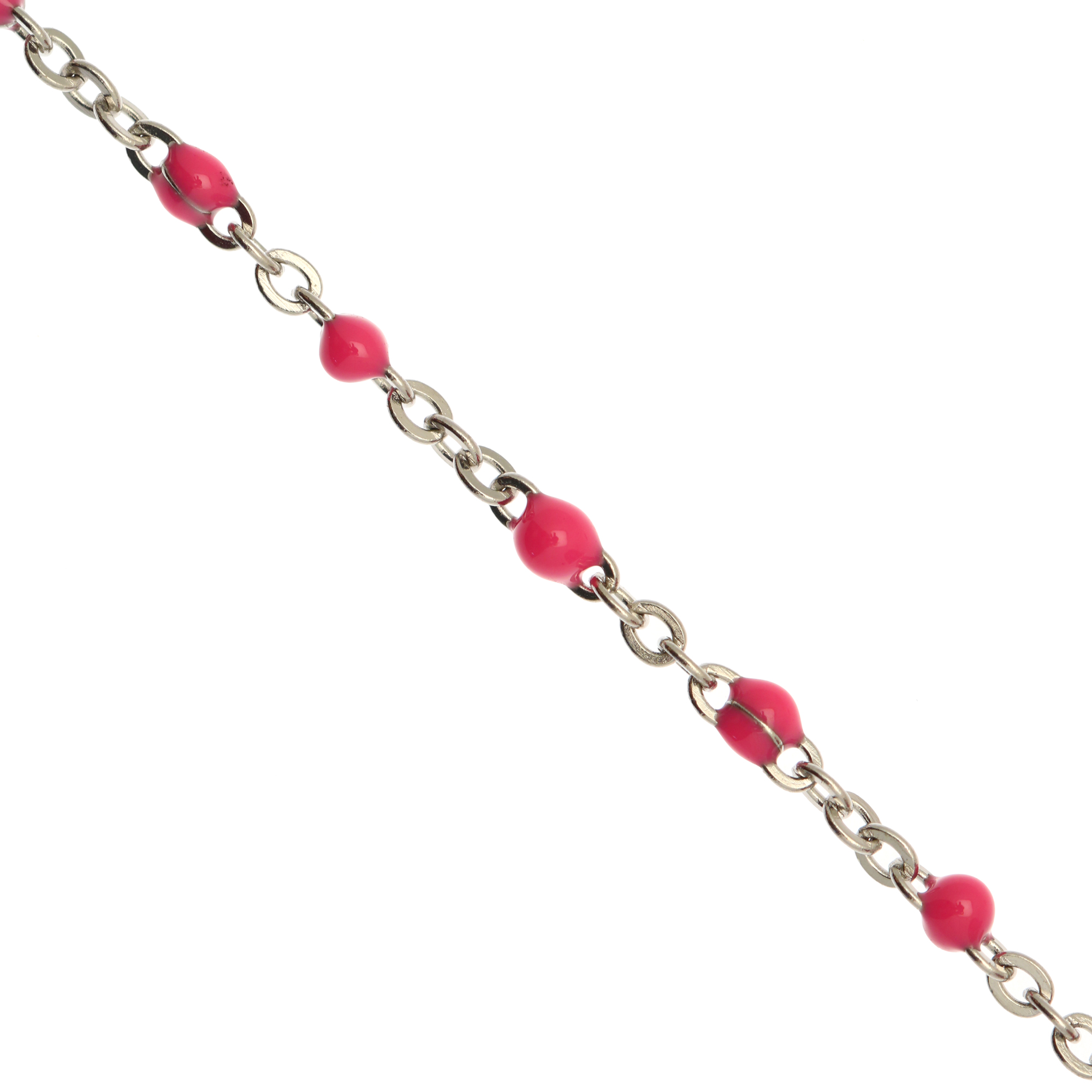 Catena ovalina, in Acciaio, con palline smaltate, base in metallo colore Argentato Rodio, colore smalto Fucsia