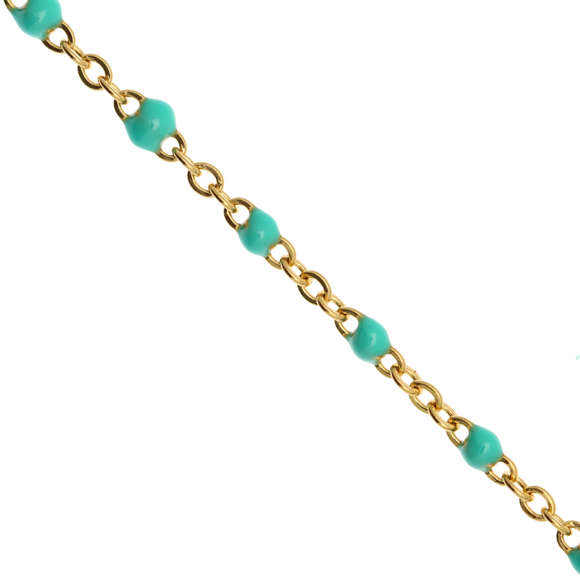 Catena ovalina, in Acciaio, con palline smaltate, base in metallo colore Oro Lucido, colore smalto Verde Acqua