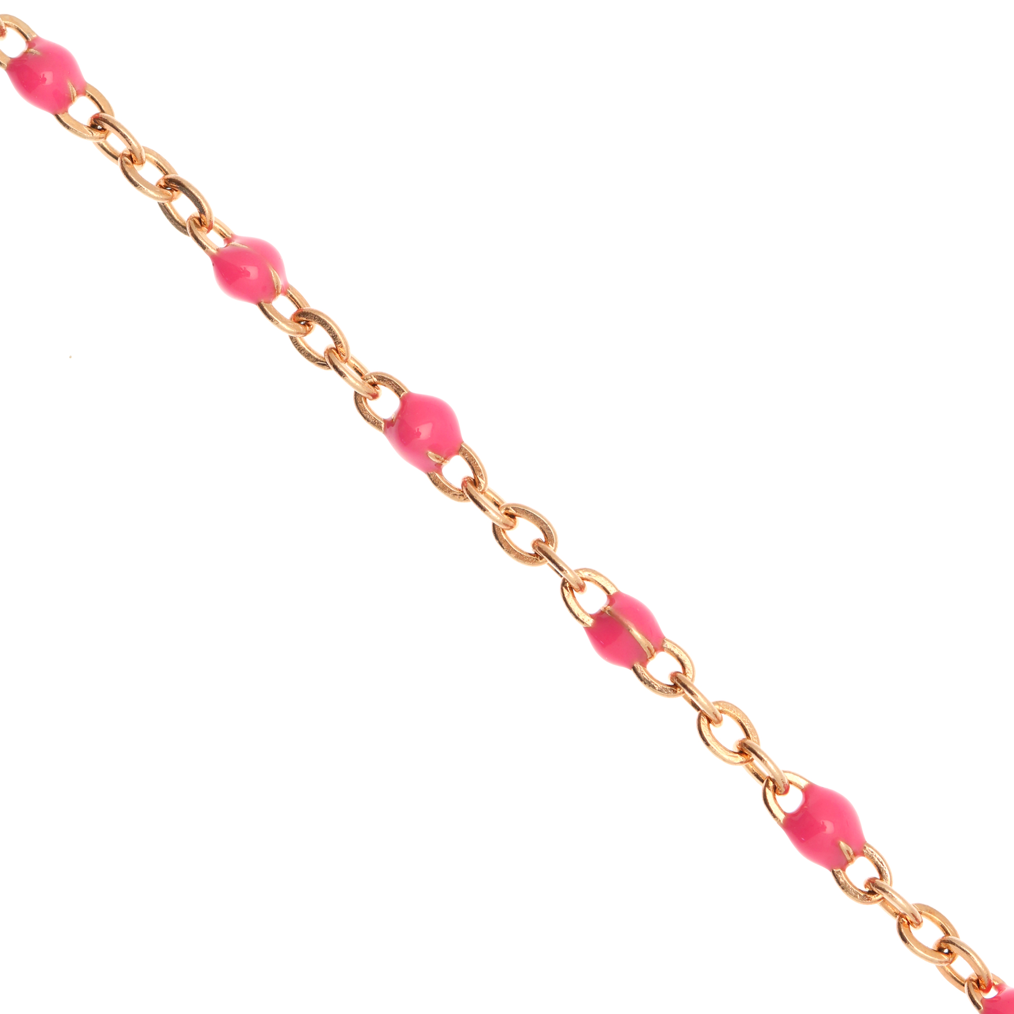 Catena ovalina, in Acciaio, con palline smaltate, base in metallo colore Oro Rosa, colore smalto Fucsia