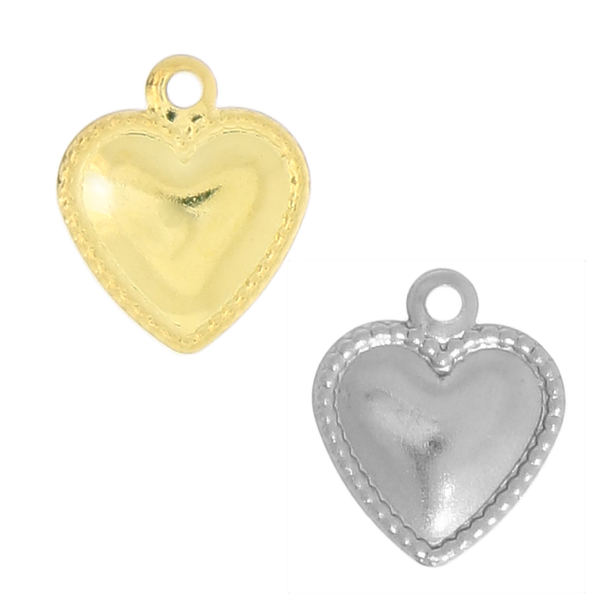Ciondolo, in Acciaio, a forma di Cuore piatto, Sottile, Lavorato sui bordi, largo 8x10 mm.