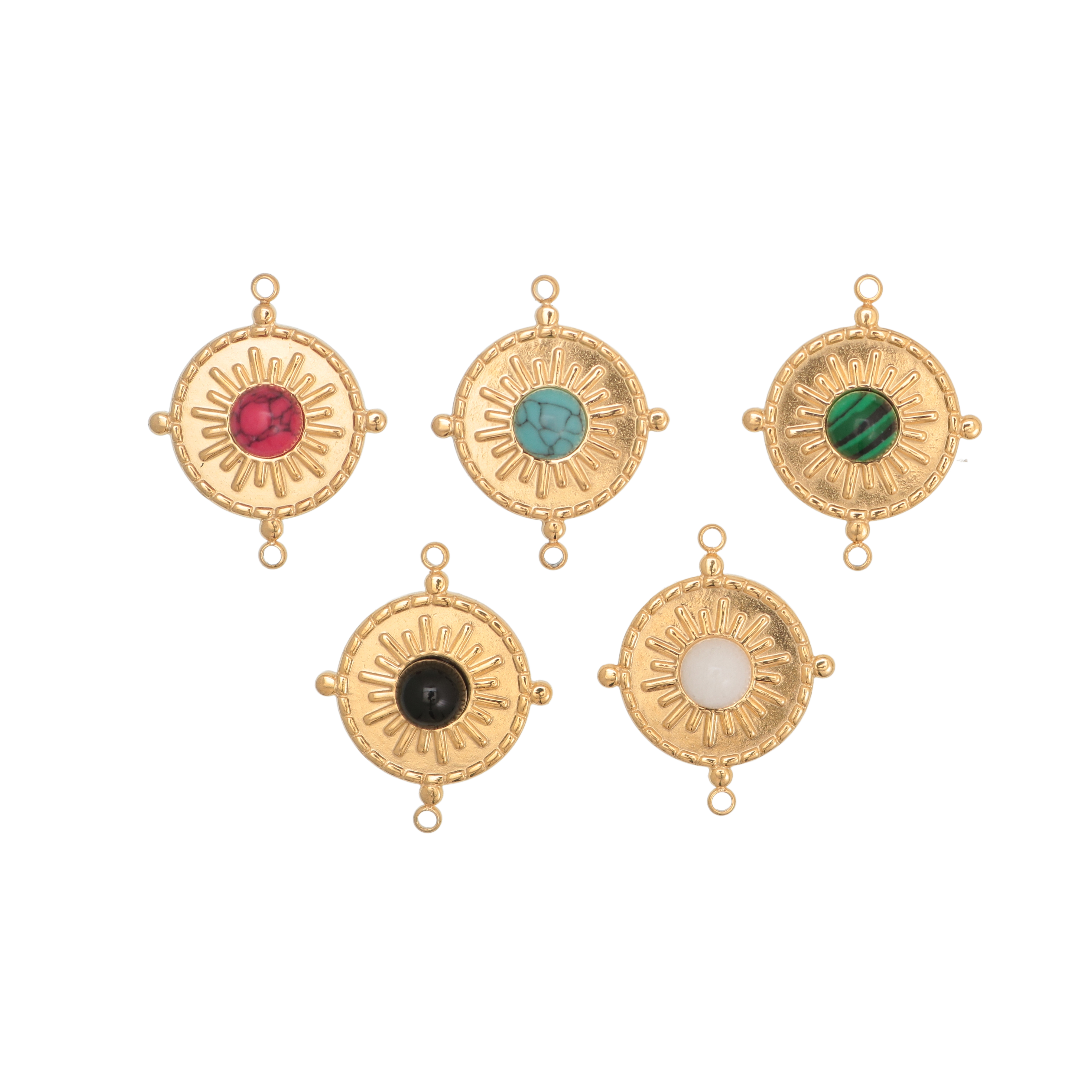 Ciondolo in acciaio oro vintage, forma tonda con 2 anelli e pietra dura, 20x20mm