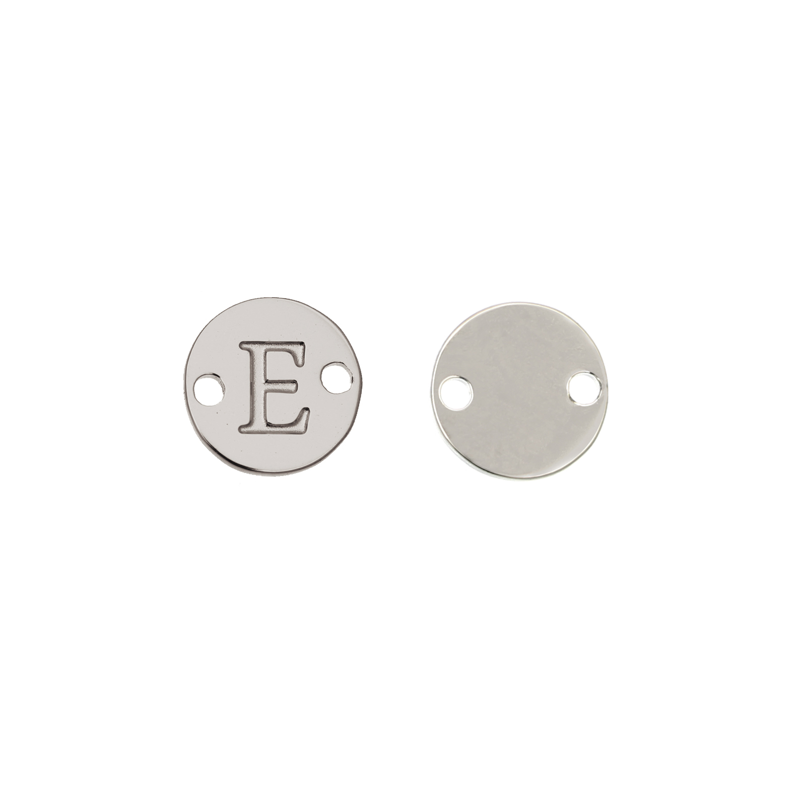Elemento a doppio foro, in Acciaio, a forma di medaglia tonda con lettera E, 8 mm.