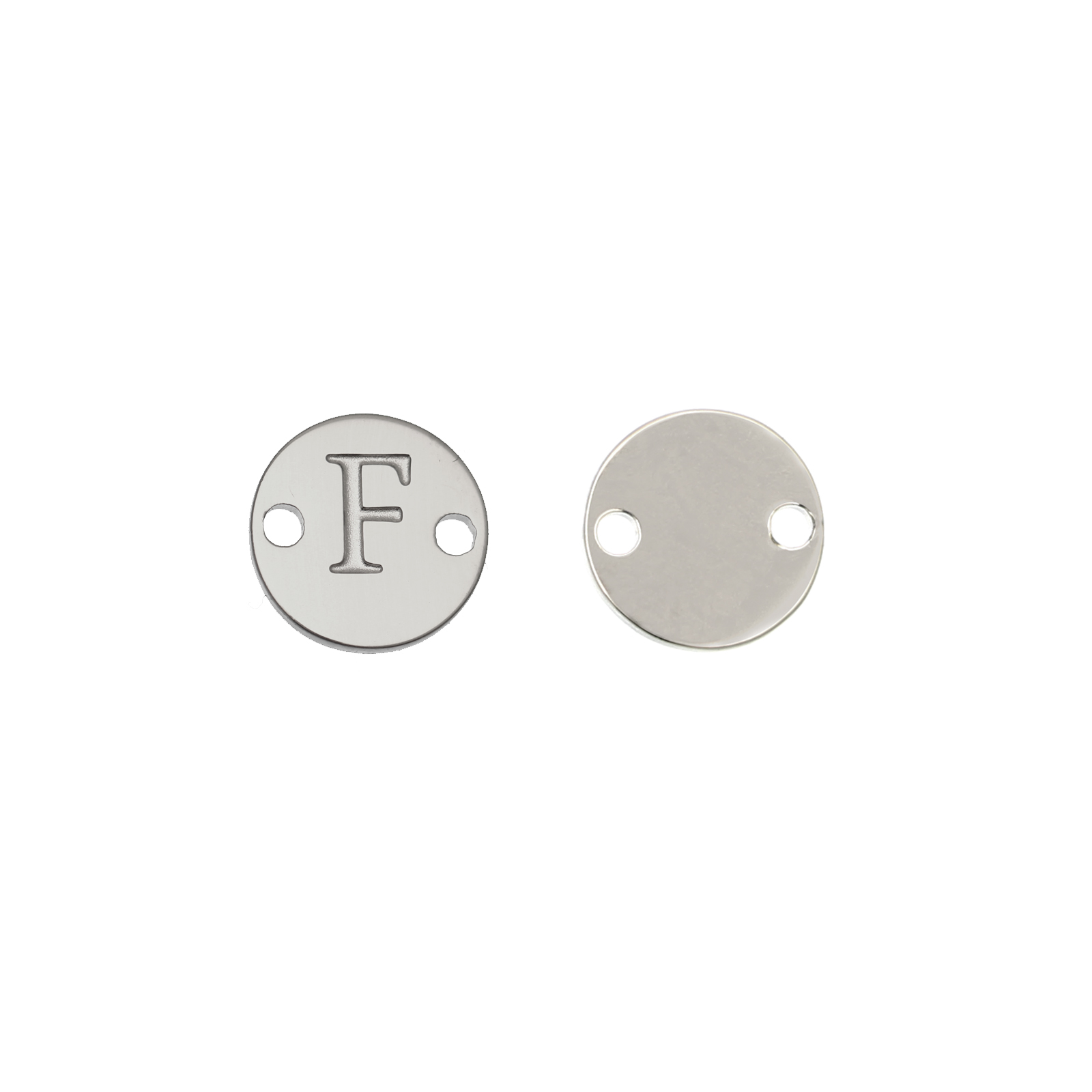 Elemento a doppio foro, in Acciaio, a forma di medaglia tonda con lettera F, 8 mm.