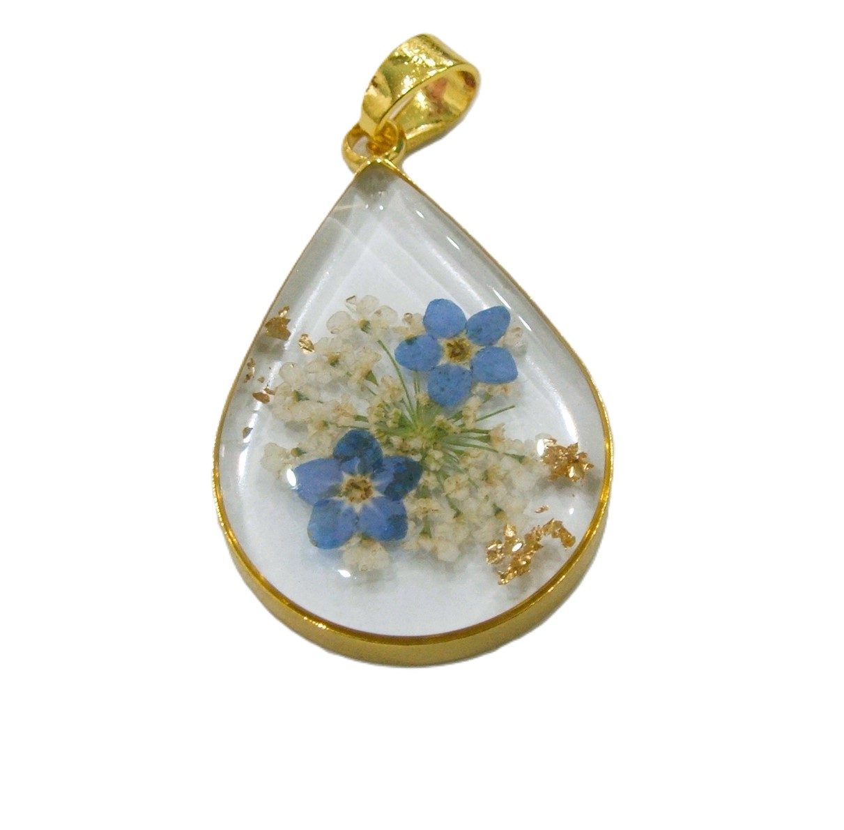 Ciondolo in acciaio oro con fiori azzurri, forma a Goccia, 34x21 mm