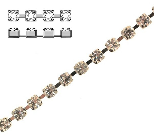Catena strass, con cristalli economici, base in metallo colore argentato rodio, colore strass CRYSTAL